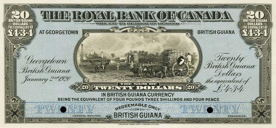 Front of British Guiana pS137p: 20 Dollars from 1920