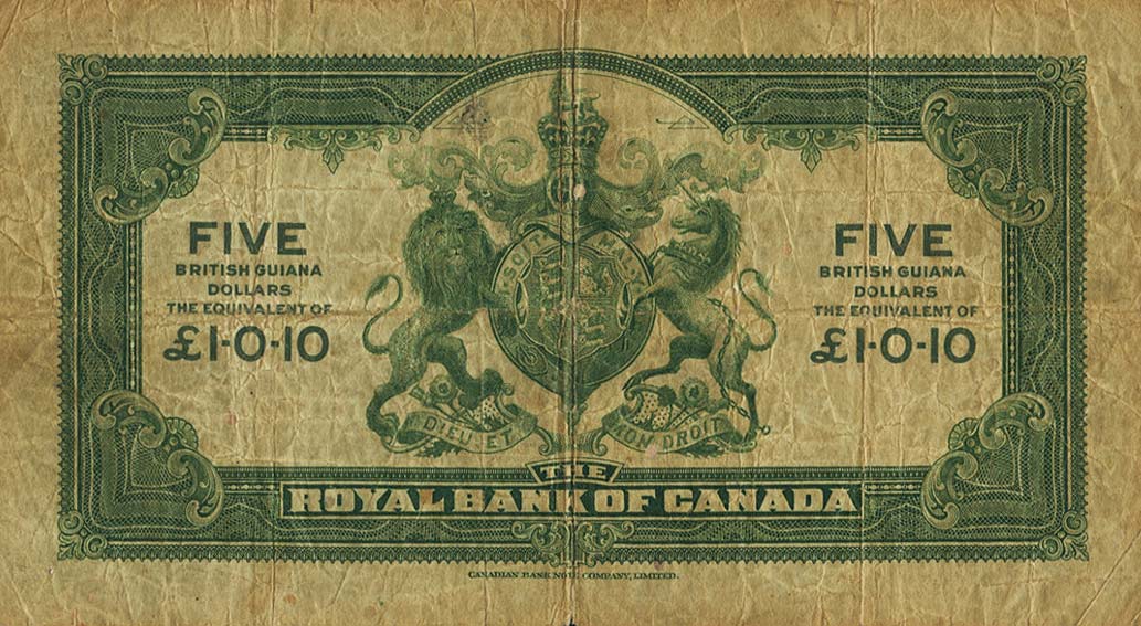 Back of British Guiana pS141a: 5 Dollars from 1938