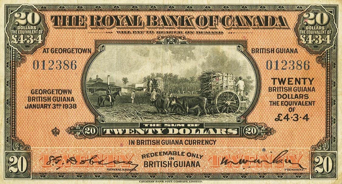 Front of British Guiana pS142a: 20 Dollars from 1938