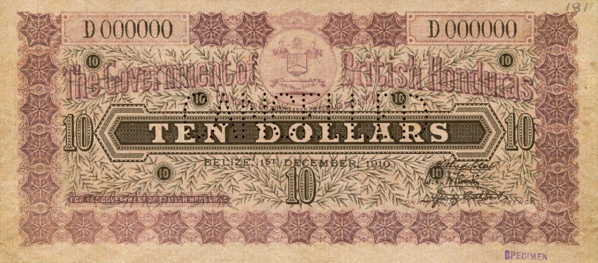 Front of British Honduras p11s: 10 Dollars from 1910