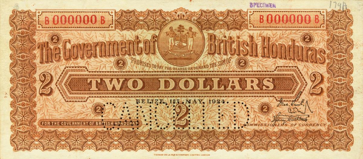 Front of British Honduras p15s: 2 Dollars from 1924