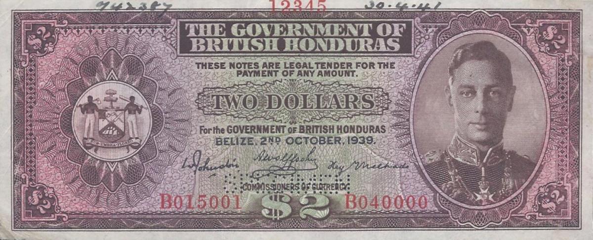 Front of British Honduras p21s: 2 Dollars from 1939