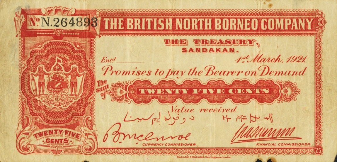 Front of British North Borneo p12b: 25 Cents from 1921