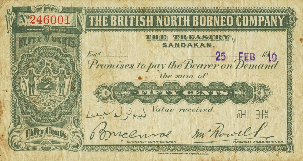 Front of British North Borneo p14a: 50 Cents from 1918