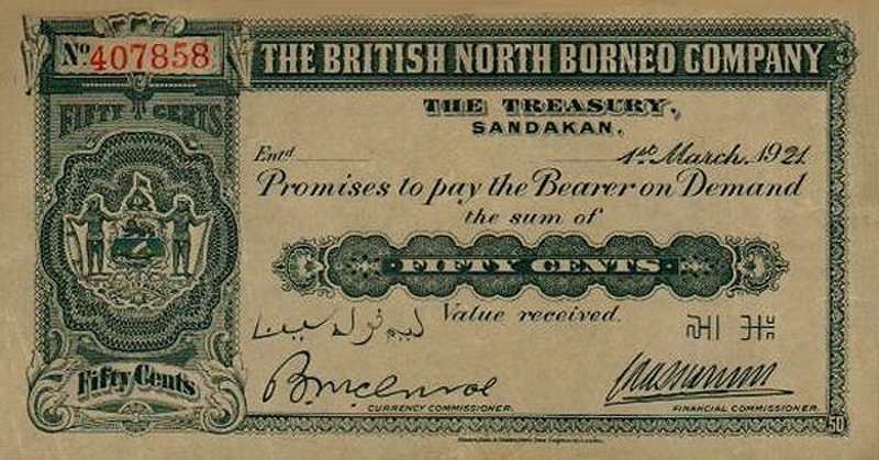 Front of British North Borneo p14b: 50 Cents from 1921
