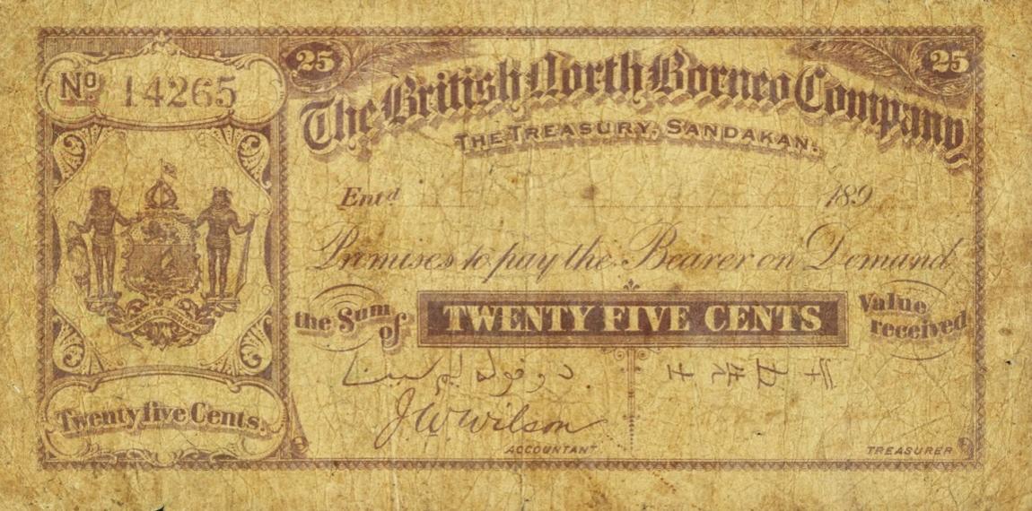 Front of British North Borneo p1: 25 Cents from 1895