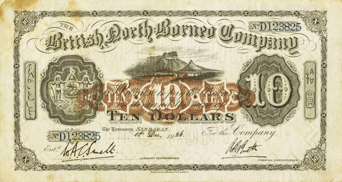 Front of British North Borneo p5c: 10 Dollars from 1922