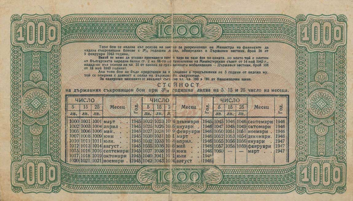 Back of Bulgaria p67Oa: 1000 Leva from 1945