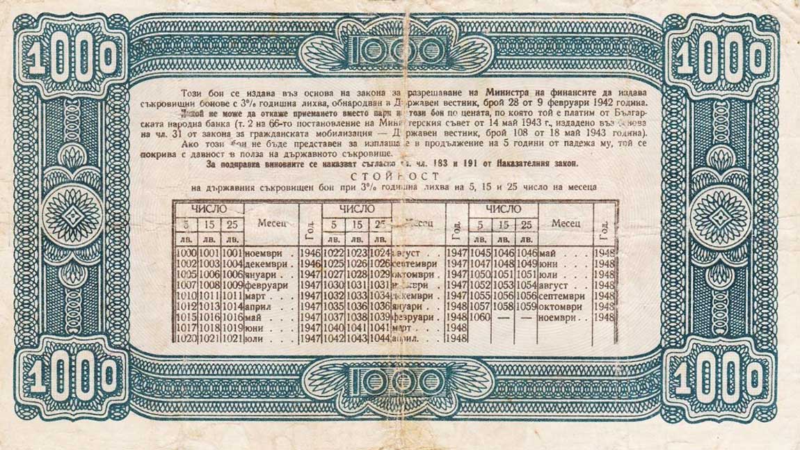 Back of Bulgaria p67Qa: 1000 Leva from 1946