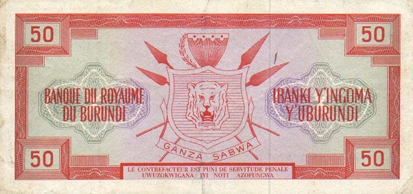 Back of Burundi p11a: 50 Francs from 1964