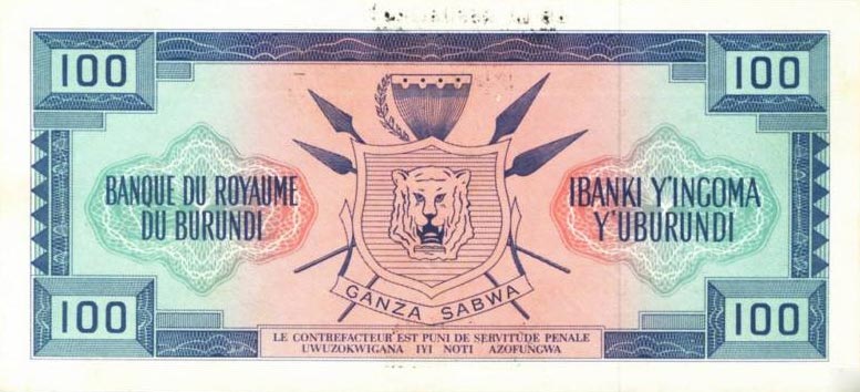 Back of Burundi p17a: 100 Francs from 1966