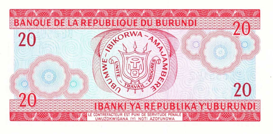 Back of Burundi p27b: 20 Francs from 1983