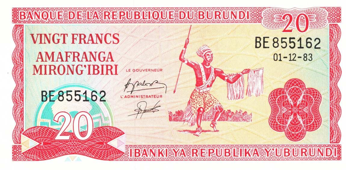 Front of Burundi p27b: 20 Francs from 1983