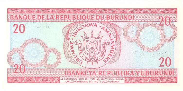 Back of Burundi p27d: 20 Francs from 1997