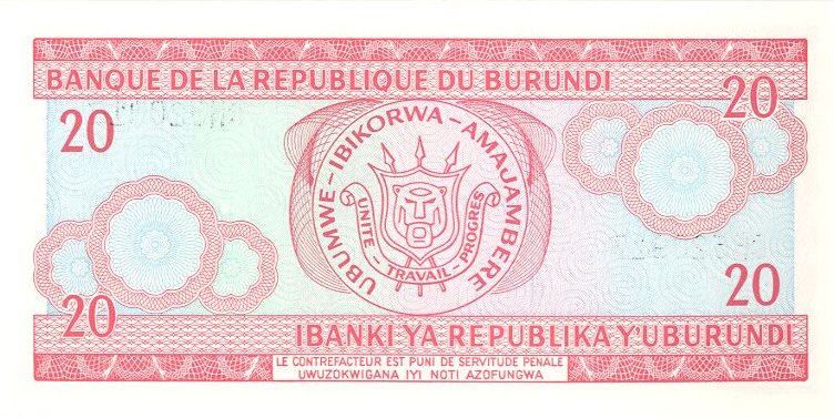 Back of Burundi p27d: 20 Francs from 1997