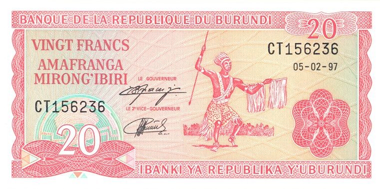 Front of Burundi p27d: 20 Francs from 1997