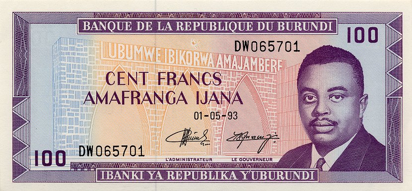 Front of Burundi p29c: 100 Francs from 1988