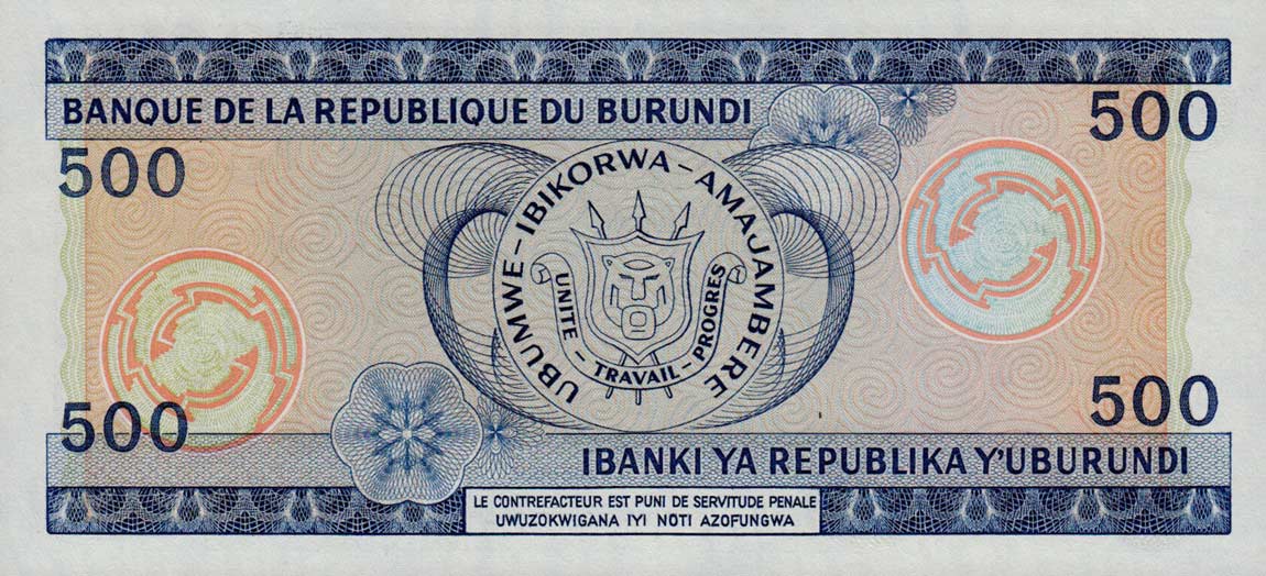Back of Burundi p30c: 500 Francs from 1988