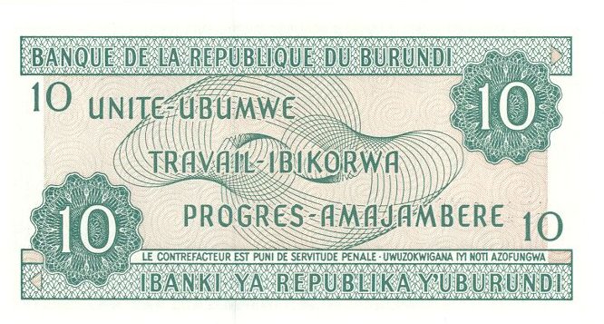 Back of Burundi p33d: 10 Francs from 1997