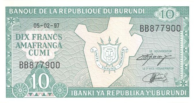 Front of Burundi p33d: 10 Francs from 1997