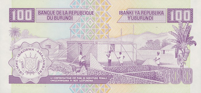 Back of Burundi p37a: 100 Francs from 1993