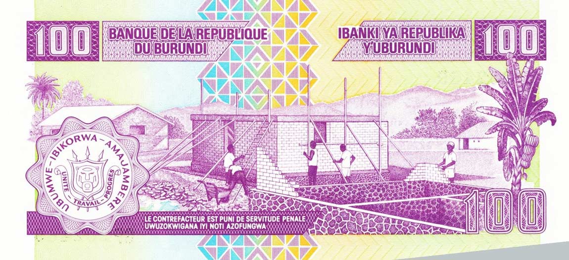 Back of Burundi p37c: 100 Francs from 2001