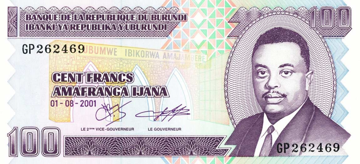 Front of Burundi p37c: 100 Francs from 2001