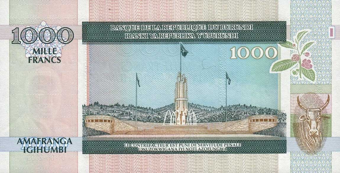 Back of Burundi p39e: 1000 Francs from 2009