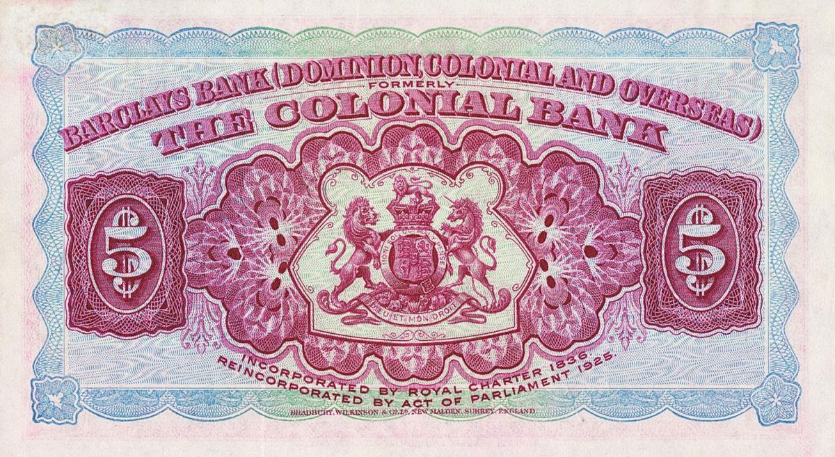 Back of Dominica pS102: 5 Dollars from 1937