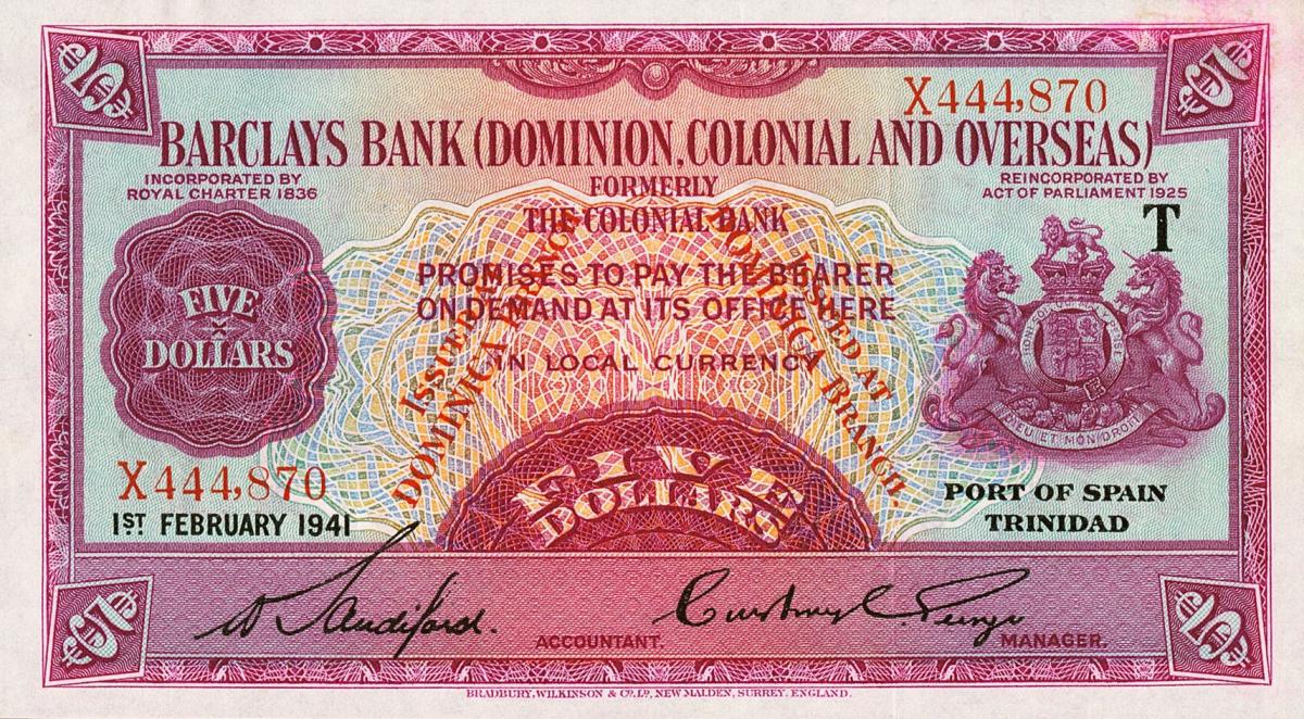 Front of Dominica pS102: 5 Dollars from 1937