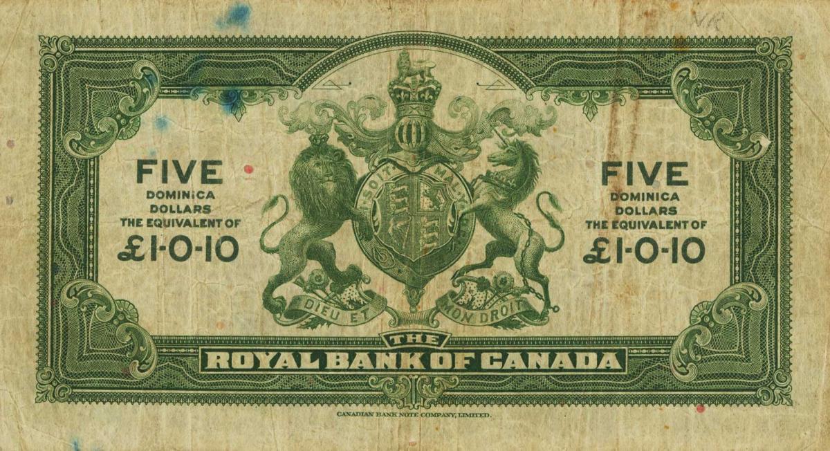 Back of Dominica pS113a: 5 Dollars from 1938