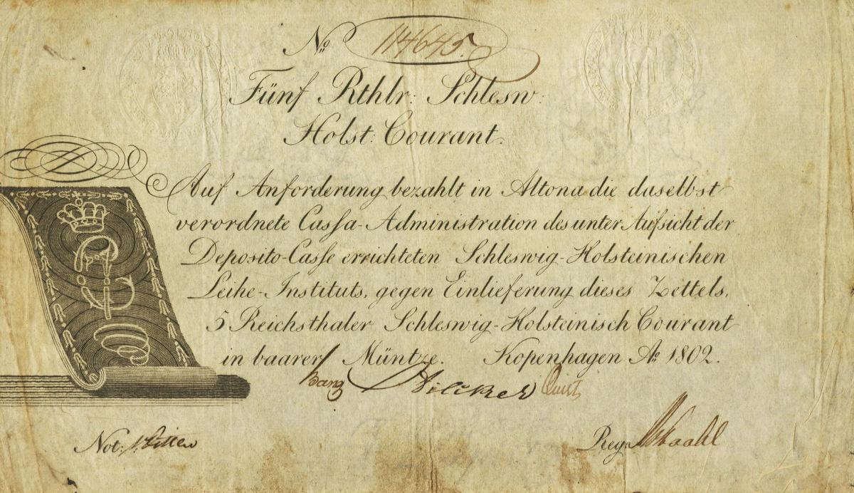 Front of German States pS762: 5 Reichsthaler Schlesw Ho from 1802