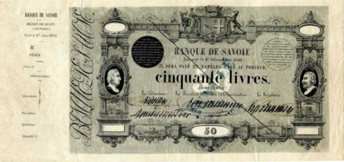 Front of Italian States pS160: 50 Livres from 1851