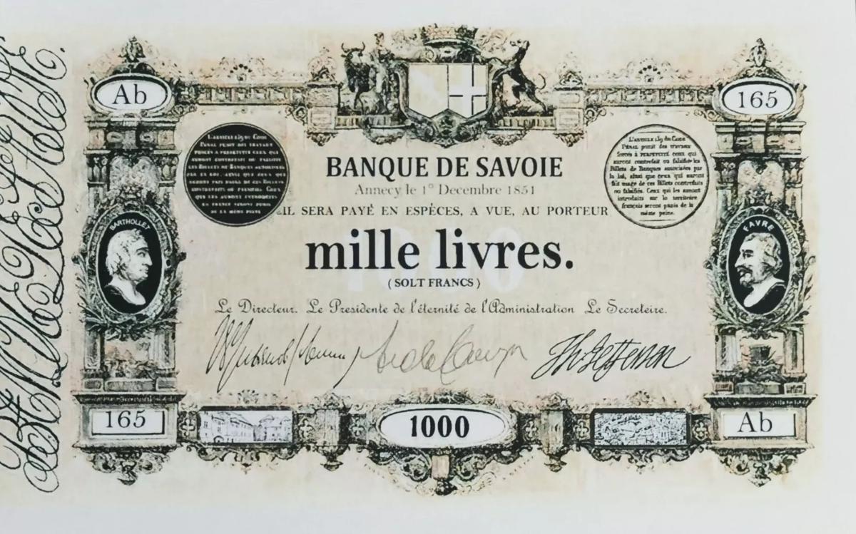 Front of Italian States pS164: 1000 Livres from 1851