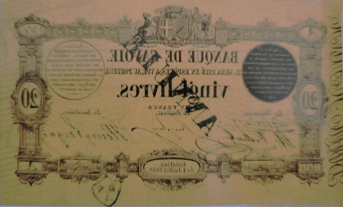 Back of Italian States pS165: 20 Livres from 1859