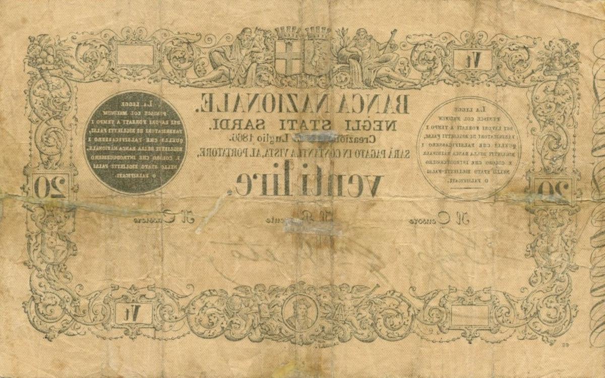 Back of Italian States pS170: 20 Lire from 1857