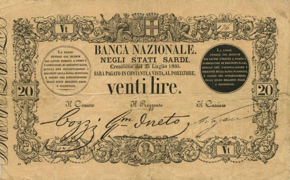 Front of Italian States pS170: 20 Lire from 1857