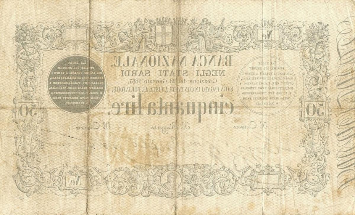 Back of Italian States pS171: 50 Lire from 1857