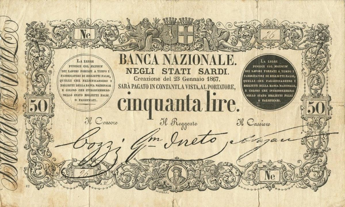 Front of Italian States pS171: 50 Lire from 1857