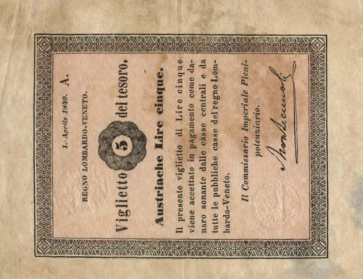 Front of Italian States pS197: 5 Lire from 1849