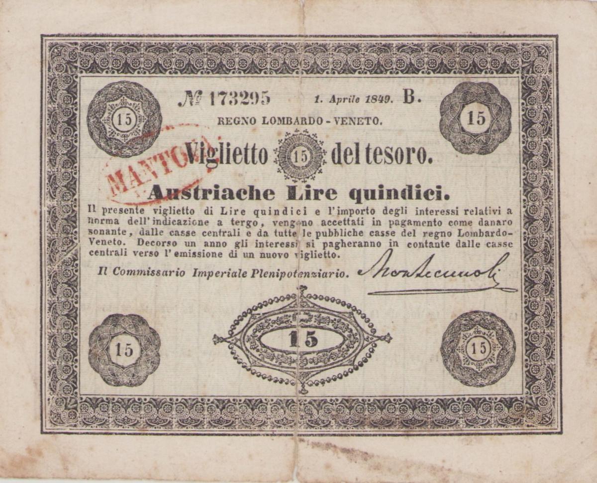 Front of Italian States pS199: 15 Lire from 1849