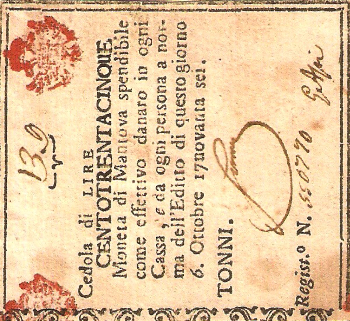 Front of Italian States pS229: 135 Lire from 1796