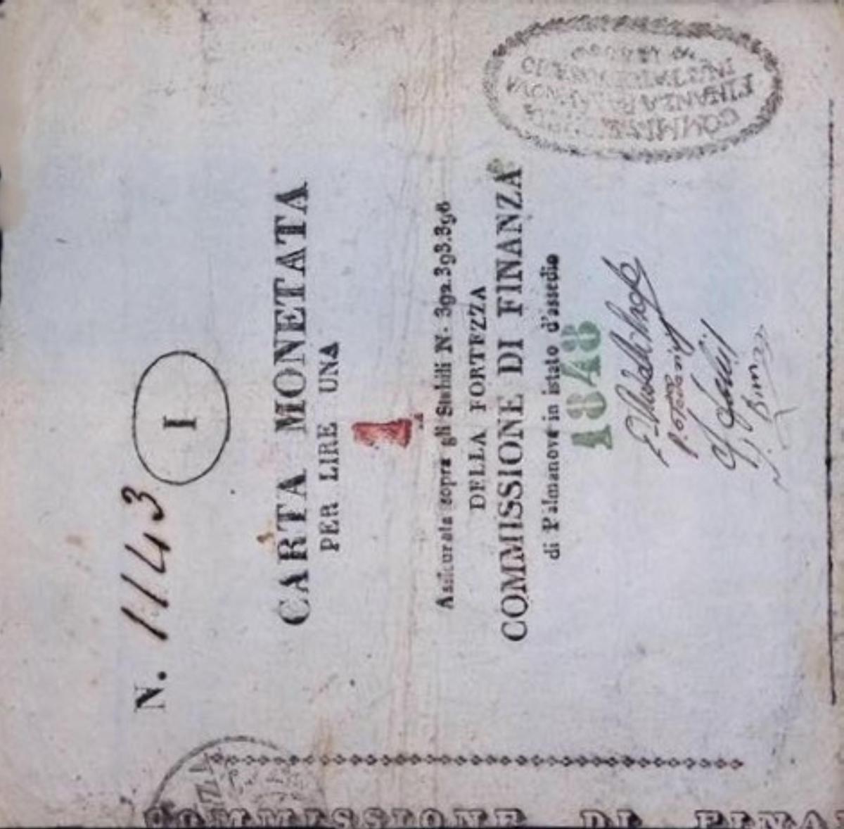 Front of Italian States pS246a: 1 Lire from 1848