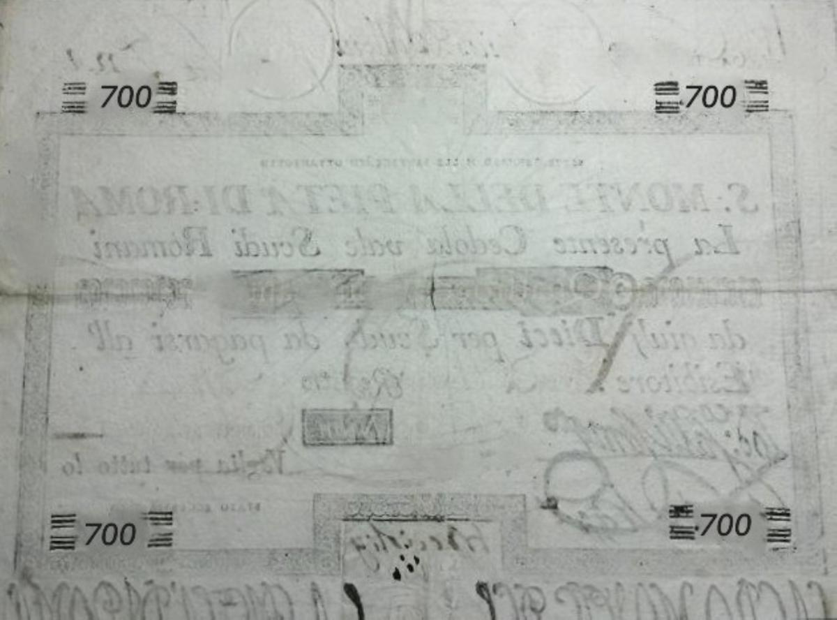 Back of Italian States pS372: 700 Scudi from 1788