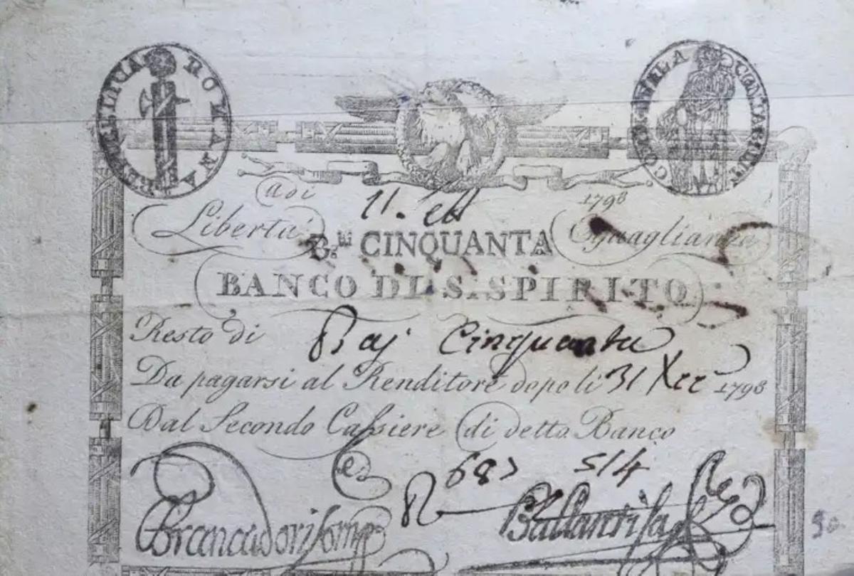 Front of Italian States pS523b: 50 Bajocchi from 1798