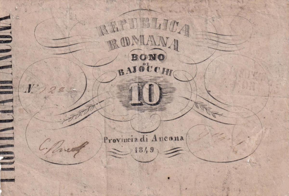 Front of Italian States pS586: 10 Bajocchi from 1849