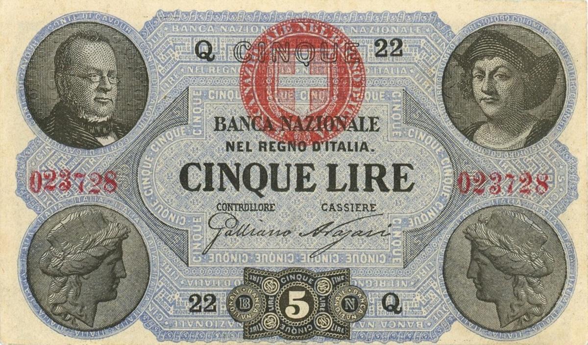 Front of Italian States pS734: 5 Lire from 1867