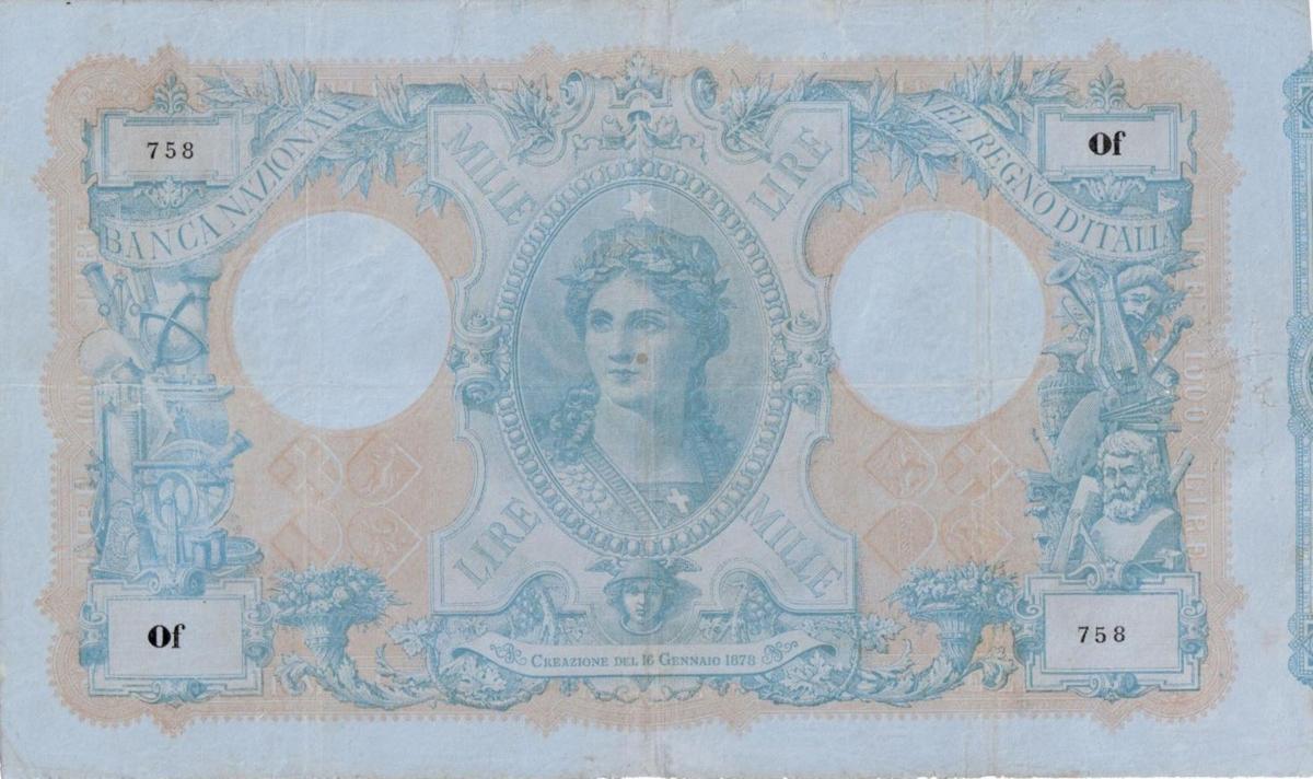 Back of Italian States pS746: 1000 Lire from 1878