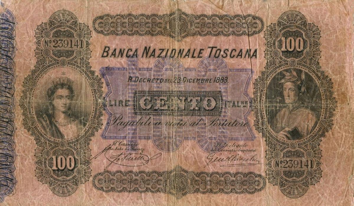 Front of Italian States pS764: 100 Lire from 1869