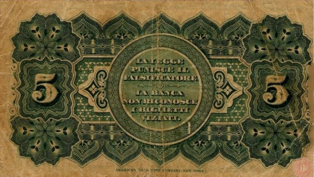 Back of Italian States pS794: 5 Lire from 1872